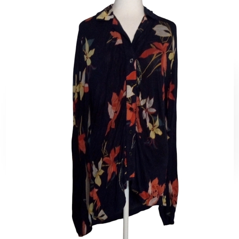 Soma Floral Navy Blue Button Semi Ruched Front Long Sleeve Blouse Cover Up Small